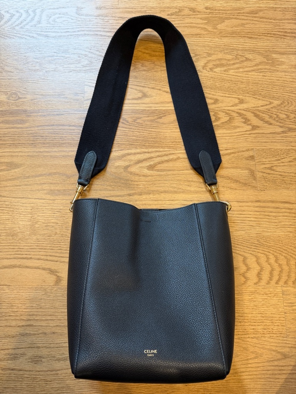 Celine Black Pebbled Leather Bucket Shoulder Bag with Wide Strap